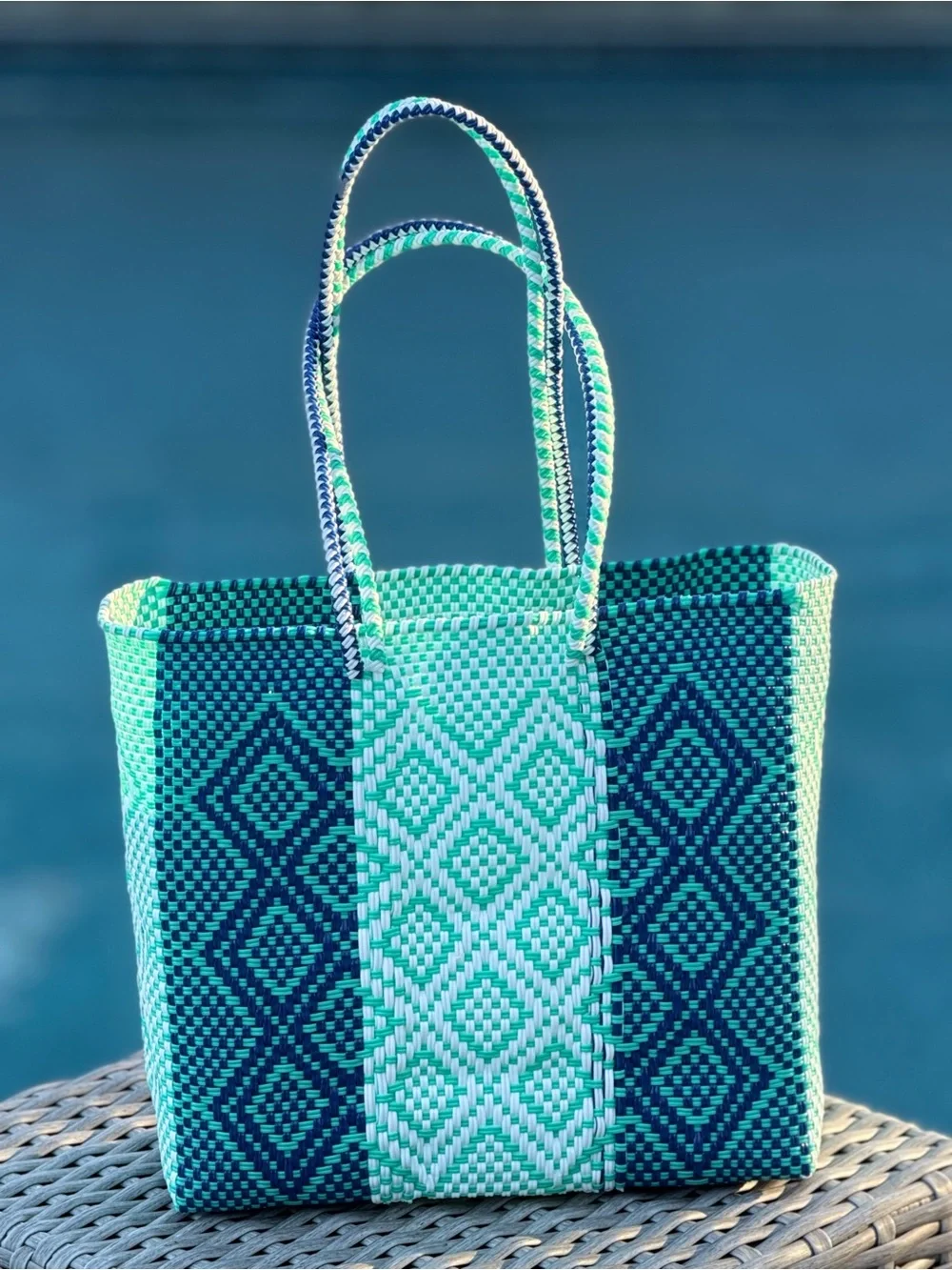 Handwoven Blue & Teal Diamond Tote Bag with Red Tassel Charm